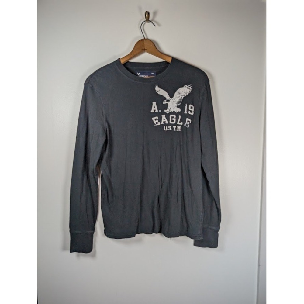 Y2K American Eagle Shirt Mens Medium Puff Paint Logo Graphic Distressed AOP Flaw